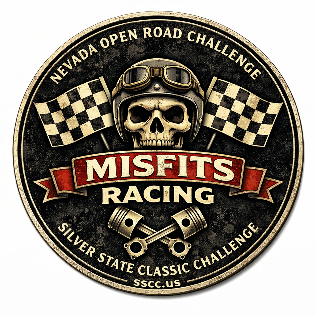 Team Misfits Racing emblem — skull with helmet, checkered flags, and crossed pistons